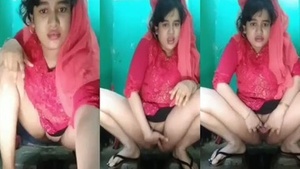 Desi Muslim girl pleasures herself with fingering and licking pussy in bathroom