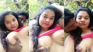 Selfie-obsessed girl teases with big breasts in outdoor masturbation session