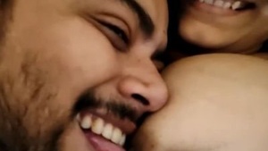 Busty wife gets her boobs licked by her husband