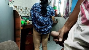 Desi porn video of a girl who used to wear pajamas in the kitchen and enjoyed sex in Hindi accent